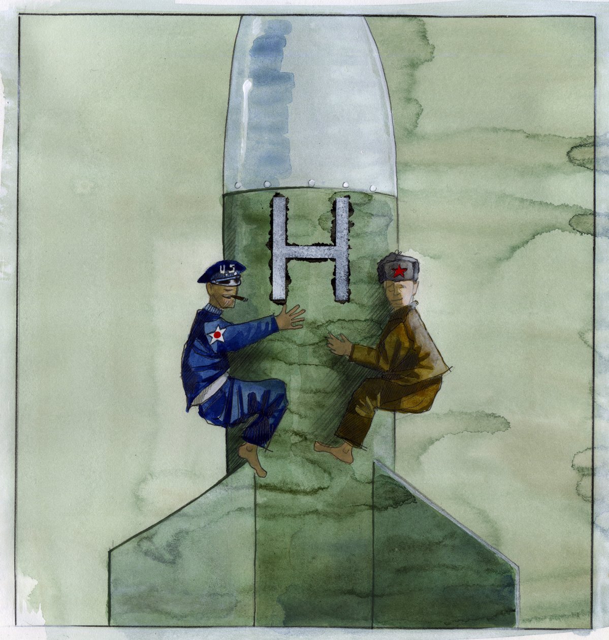 Zimna wojna: amerykański i radziecki oficer trzymający się rakiety nuklearnej Ilustracja: Alessandro Lonati autorstwa Alessandro Lonati
