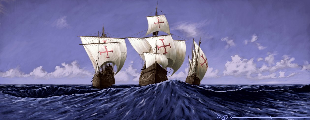 Odkryj Amerykę: „Pinta”, „Nina” i „Santa Maria”, karawele Krzysztofa Kolumba podczas wyprawy w 1492 r. Ilustracja: Alesandro Lonati. 2010 autorstwa Alessandro Lonati