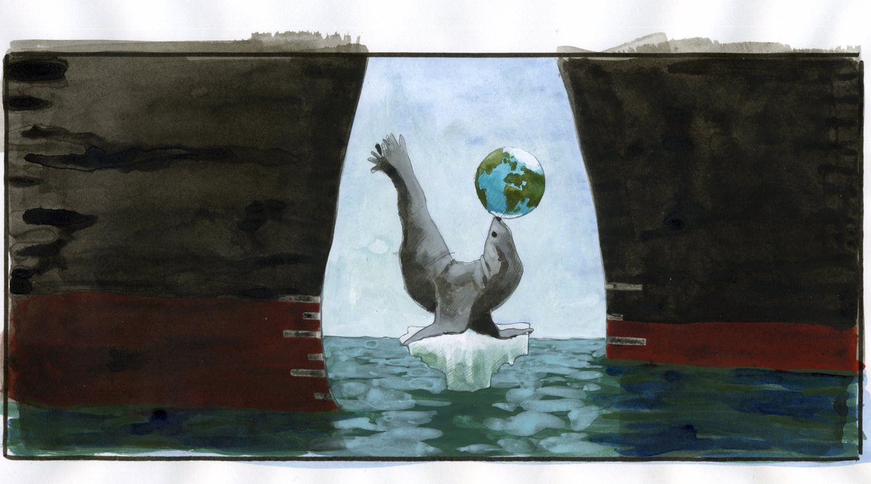 Ekologia i ocieplenie klimatu: topniejący lód, foka bawiąca się planetą na pysku spoczywa na ostatnim czubku góry lodowej; wokół zagrażają jej kadłuby tankowców - alegoria przedstawiająca planetę w równowadze (Ekologia, globalne ostrzeżenie, morze autorstwa Alessandro Lonati
