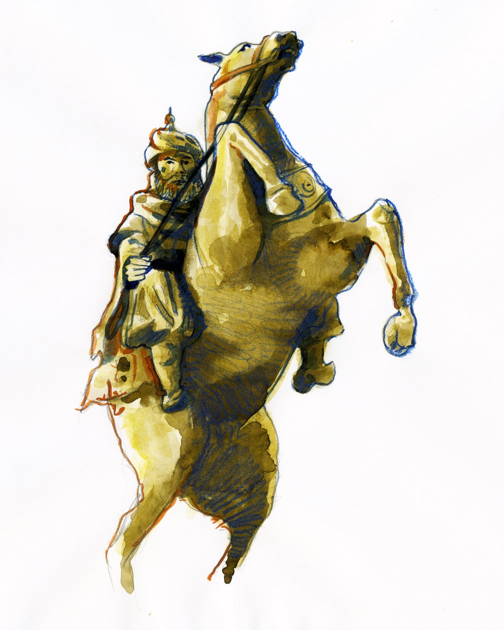 Portret konny Oqba ibn Nafi Al Fihri (622-683) - (Uqba ibn Nafi lub Oqba ibn Nafi, Uqba ibn Nafe, Uqba ibn al Nafia lub Akbah Arabic General) Rysunek autorstwa Alessandro Lonati