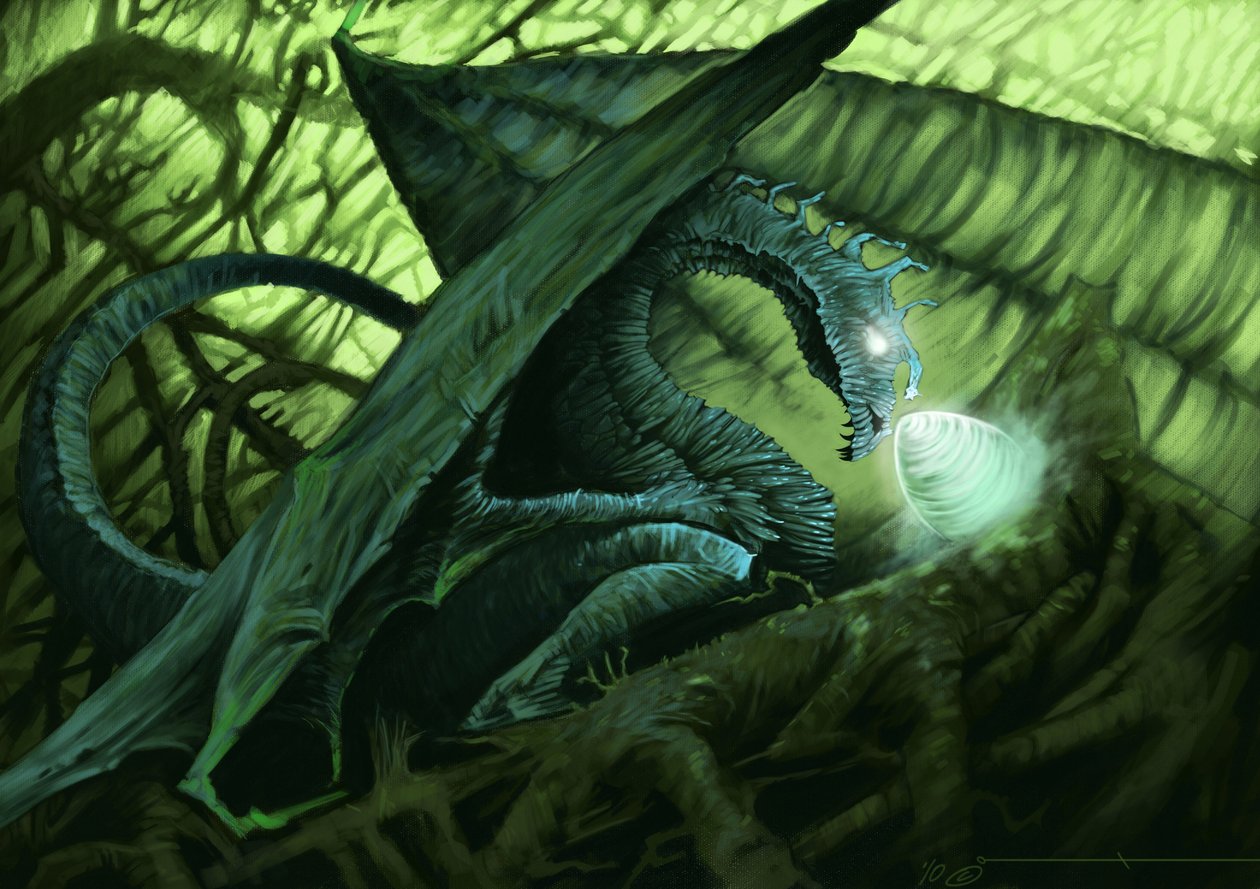 Fantastyczne stworzenie: smok chroniący swoje jajo. Ilustracja autorstwa Alesandra Lonatiego. 2010 autorstwa Alessandro Lonati