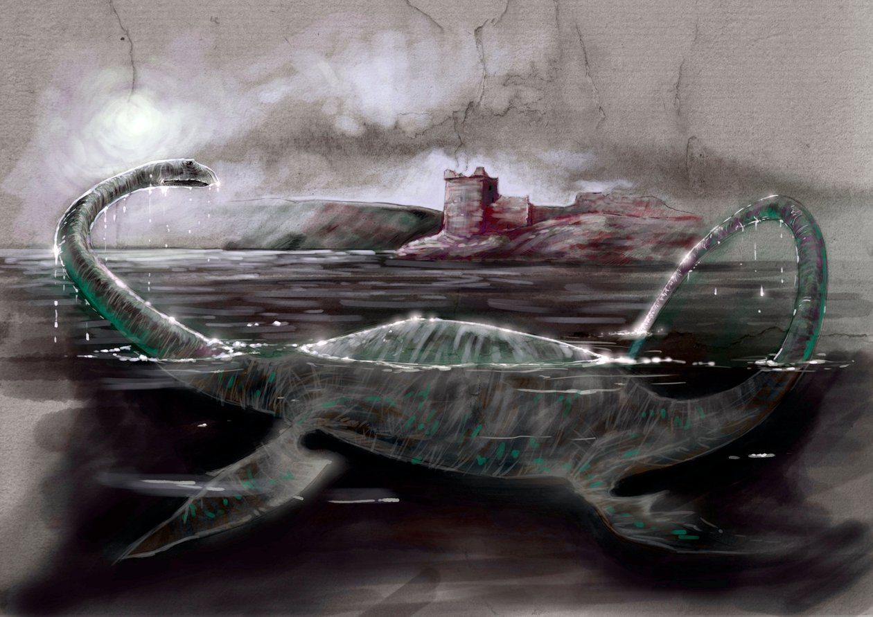 Fantastyczne potwory i stworzenia, kryptozoologia: przedstawienie Nessie, potwora z Loch Ness w Szkocji - rysunek Alessandro Lonati, 2012 autorstwa Alessandro Lonati