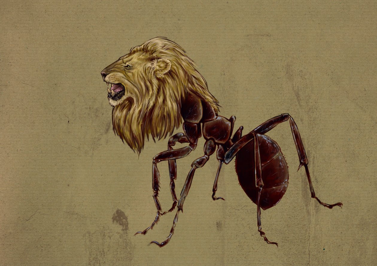 Fantastyczne potwory i stworzenia, kryptozoologia: przedstawienie Myrmecoleo, mrówki z głową lwa - rysunek Alessandro Lonati, 2012 autorstwa Alessandro Lonati