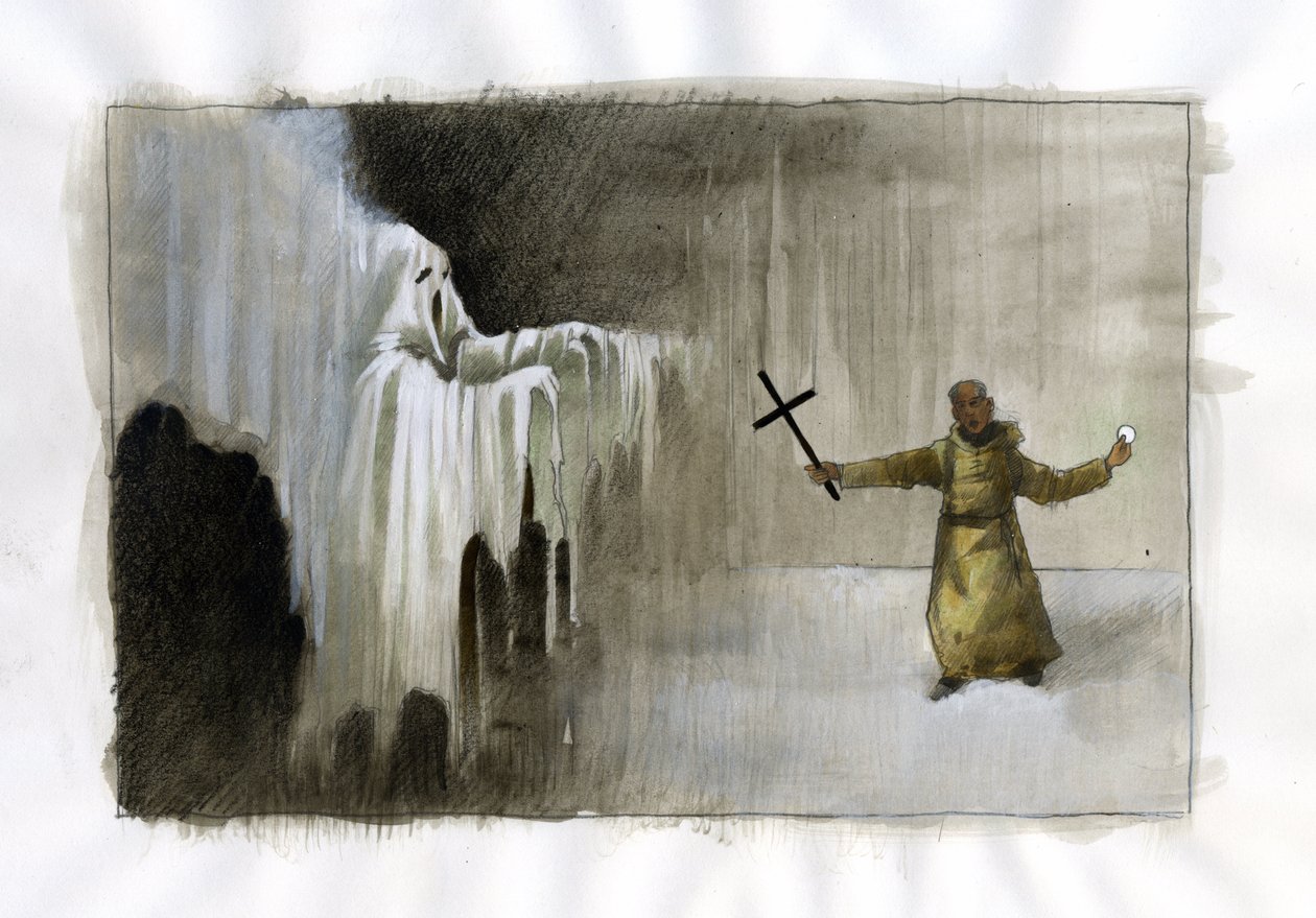 Walka między mnichem trzymającym krucyfiks a duchem Ilustracja: Alessandro Lonati autorstwa Alessandro Lonati
