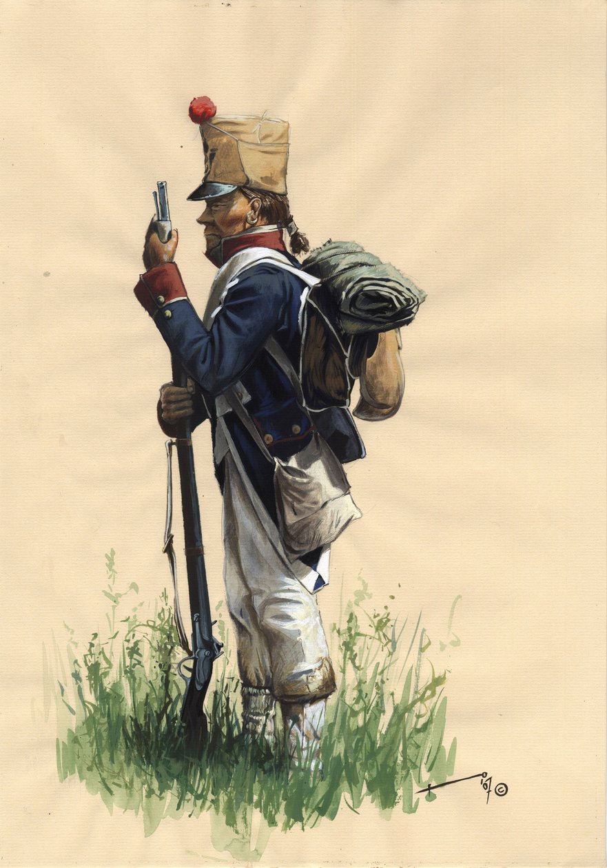 Pierwsze Cesarstwo (1804-1814 i 1815): francuski żołnierz piechoty wielkiej armii napoleońskiej w stroju wiejskim autorstwa Alessandro Lonati