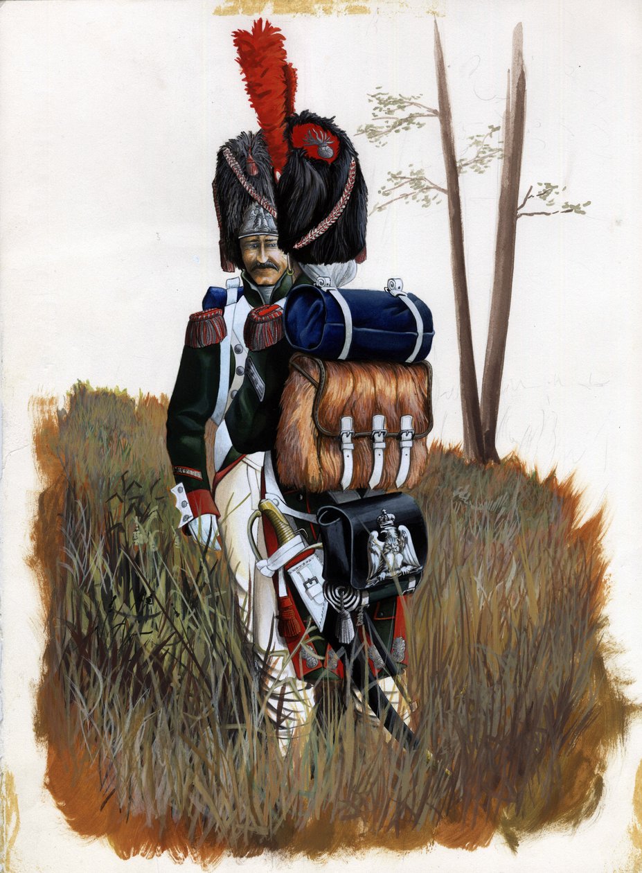 Pierwsze Cesarstwo (1804-1814 i 1815): żołnierze grenadierów Gwardii Królewskiej Wielkiej Armii Napoleońskiej we Włoszech. Rysunek autorstwa Alessandro Lonatiego autorstwa Alessandro Lonati