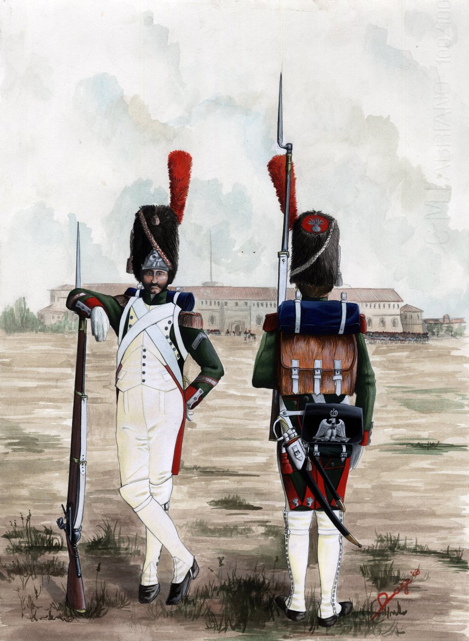 Pierwsze Cesarstwo (1804-1814 i 1815): żołnierze grenadierów Gwardii Królewskiej Wielkiej Armii Napoleońskiej na placu Zamku Sforzów w Mediolanie we Włoszech. Rysunek autorstwa Alessandro Lonatiego autorstwa Alessandro Lonati