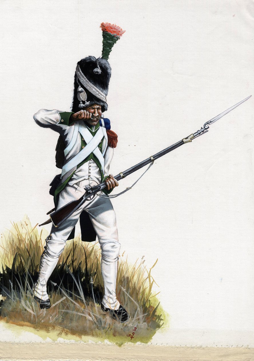 Pierwsze Cesarstwo (1804-1814 i 1815): Welitowski żołnierz wielkiej armii napoleońskiej we Włoszech otwierający nabój. Rysunek autorstwa Alessandro Lonatiego autorstwa Alessandro Lonati