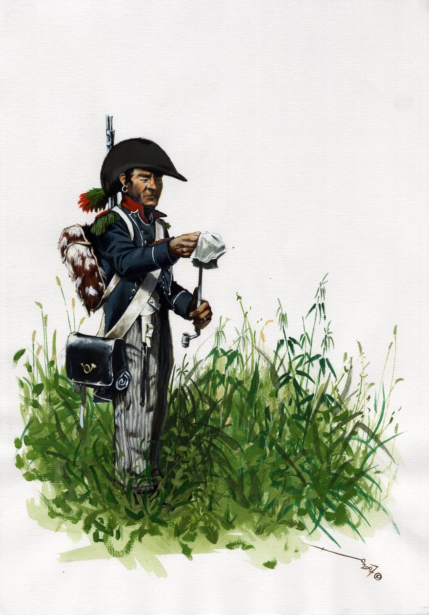 Pierwsze Cesarstwo (1804-1814 i 1815): żołnierz piechoty myśliwy wielkiej francuskiej armii napoleońskiej. Rysunek autorstwa Alessandro Lonatiego autorstwa Alessandro Lonati