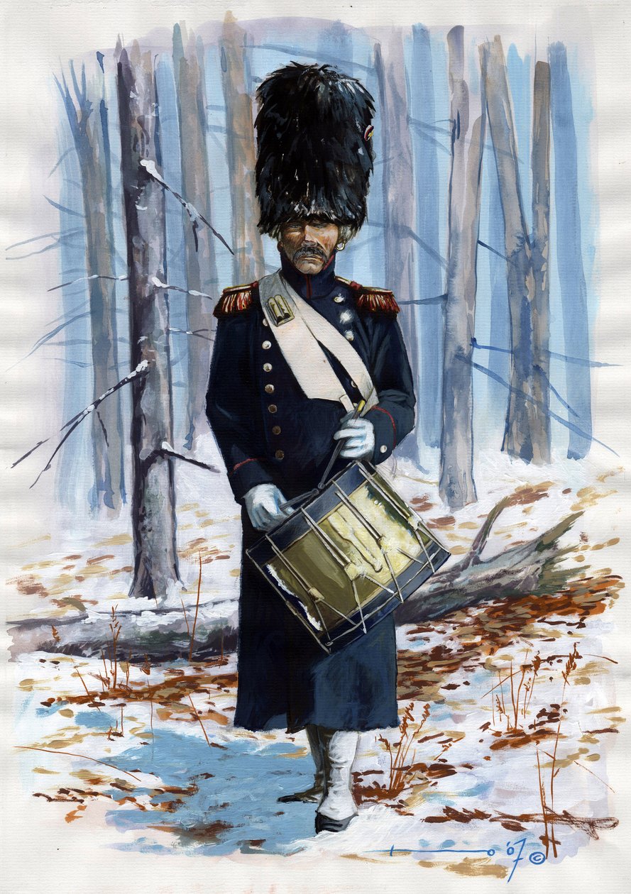 Pierwsze Cesarstwo (1804-1814 i 1815): żołnierz wielkiej armii napoleońskiej, bęben grenadierów francuskiej gwardii cesarskiej w płaszczu autorstwa Alessandro Lonati