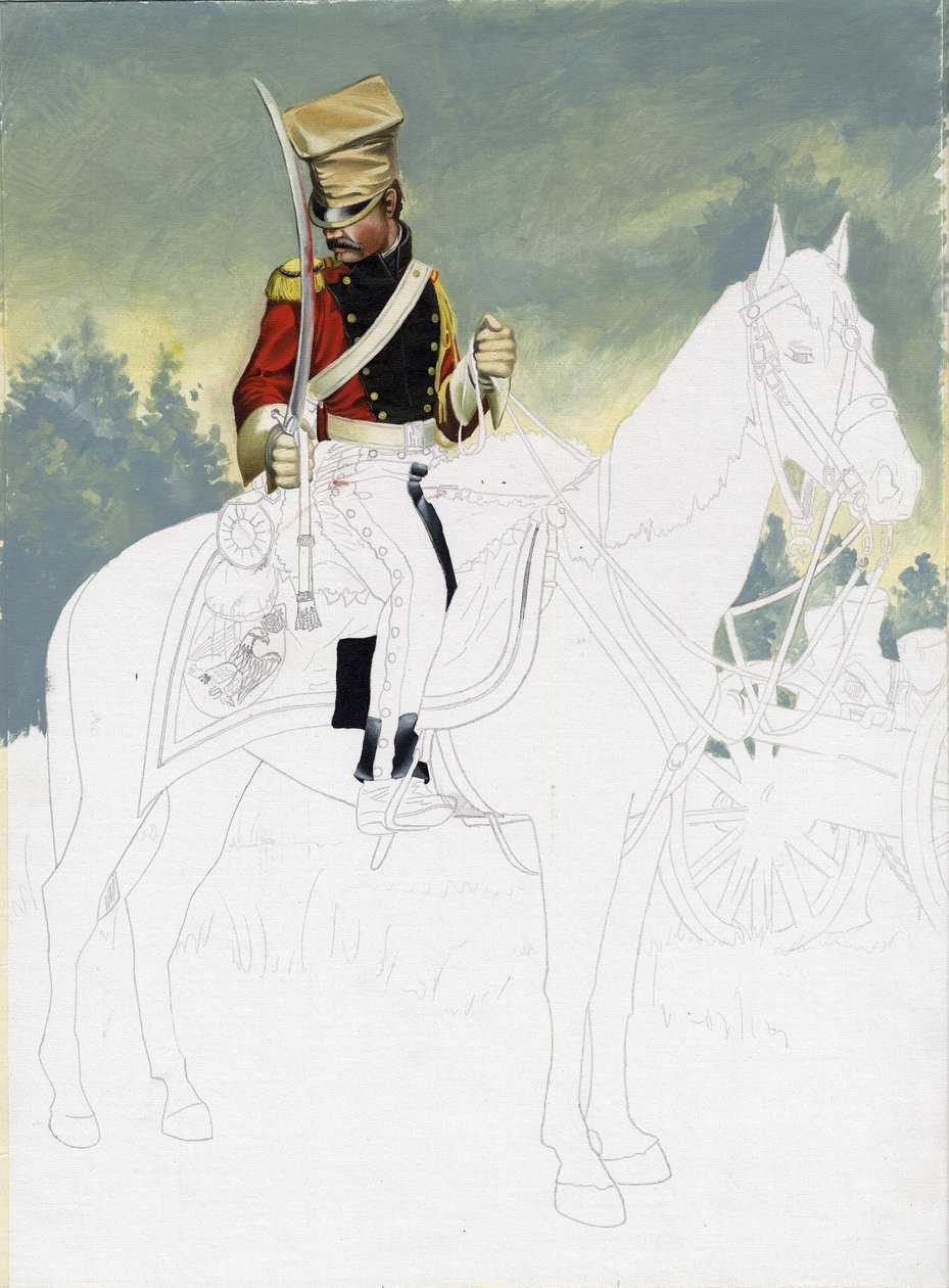 Pierwsze Cesarstwo (1804-1814 i 1815): żołnierz lekkiej kawalerii wielkiej francuskiej armii napoleońskiej. Niedokończony rysunek Alessandro Lonatiego. autorstwa Alessandro Lonati