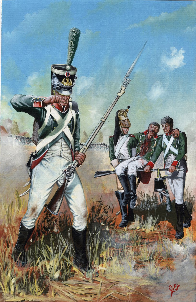 Pierwsze Cesarstwo (1804-1814 i 1815): żołnierze wielkiej armii napoleońskiej we Włoszech, aby pomóc rannemu towarzyszowi. Rysunek autorstwa Alessandro Lonatiego autorstwa Alessandro Lonati