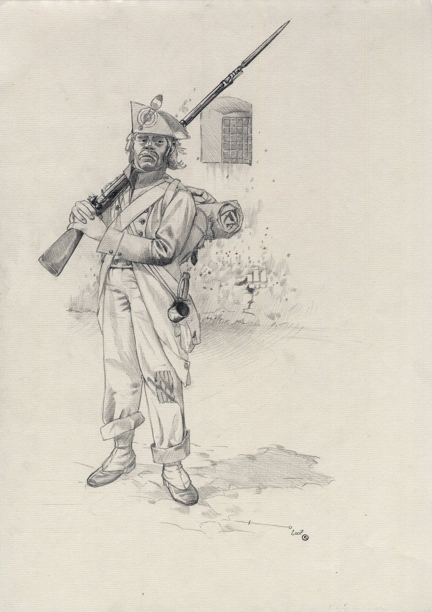 I Cesarstwo (1804-1814 lub 1815): żołnierz armii napoleońskiej, żołnierz piechoty brygady jeźdźców w forcie. Rysunek autorstwa Alessandro Lonatiego autorstwa Alessandro Lonati
