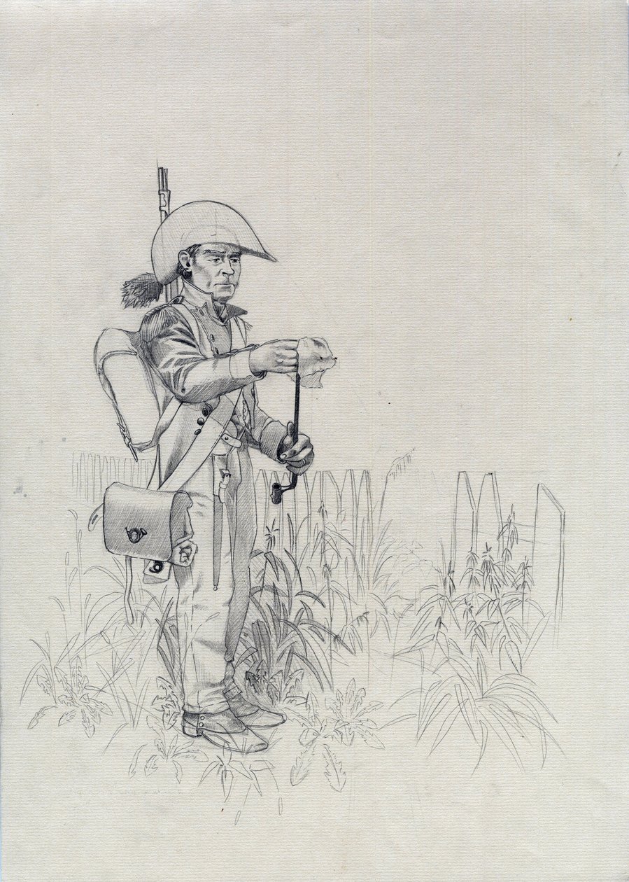 Pierwsze Cesarstwo (1804-1814 lub 1815): żołnierz armii napoleońskiej, żołnierz piechoty myśliwy (infantryhunter). Rysunek autorstwa Alessandro Lonatiego autorstwa Alessandro Lonati