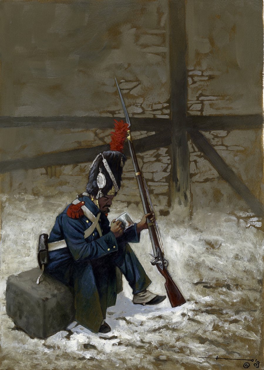 Pierwsze Cesarstwo: grenadier gwardii w płaszczu siedzi na śniegu. Rysunek autorstwa Alessandro Lonatiego autorstwa Alessandro Lonati