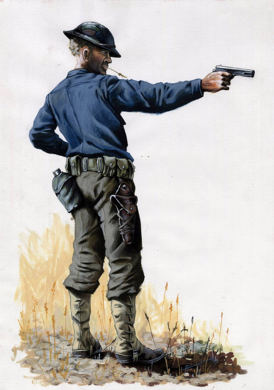 Pierwsza wojna światowa 1914-1918: piechura armii amerykańskiej z pistoletem w 1917 roku na froncie zachodnim. Rysunek autorstwa Alessandro Lonatiego autorstwa Alessandro Lonati