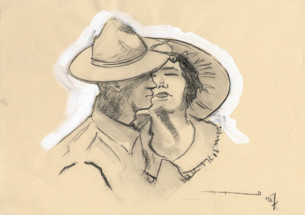 Primeira Guerra Mundial 1914-1918: GI ou GI do exército americano deixou sua noiva para ir para a batalha. Desenho de Alessandro Lonatipolish autorstwa Alessandro Lonati