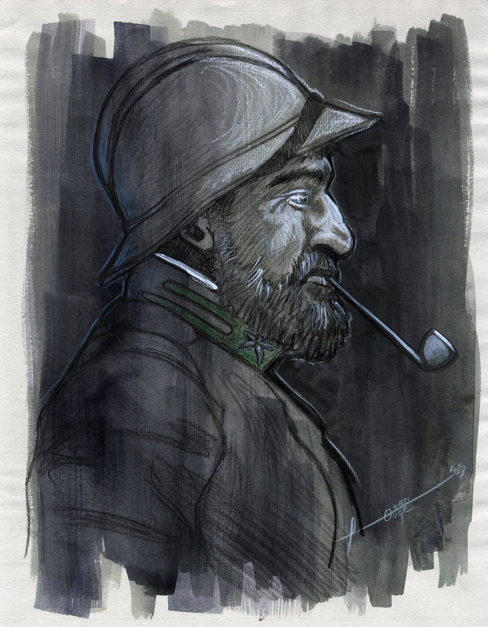 Pierwsza wojna światowa 1914-1918: Profilowy portret żołnierza armii włoskiej palącego fajkę w 1915 roku. Rysunek Alessandro Lonati autorstwa Alessandro Lonati