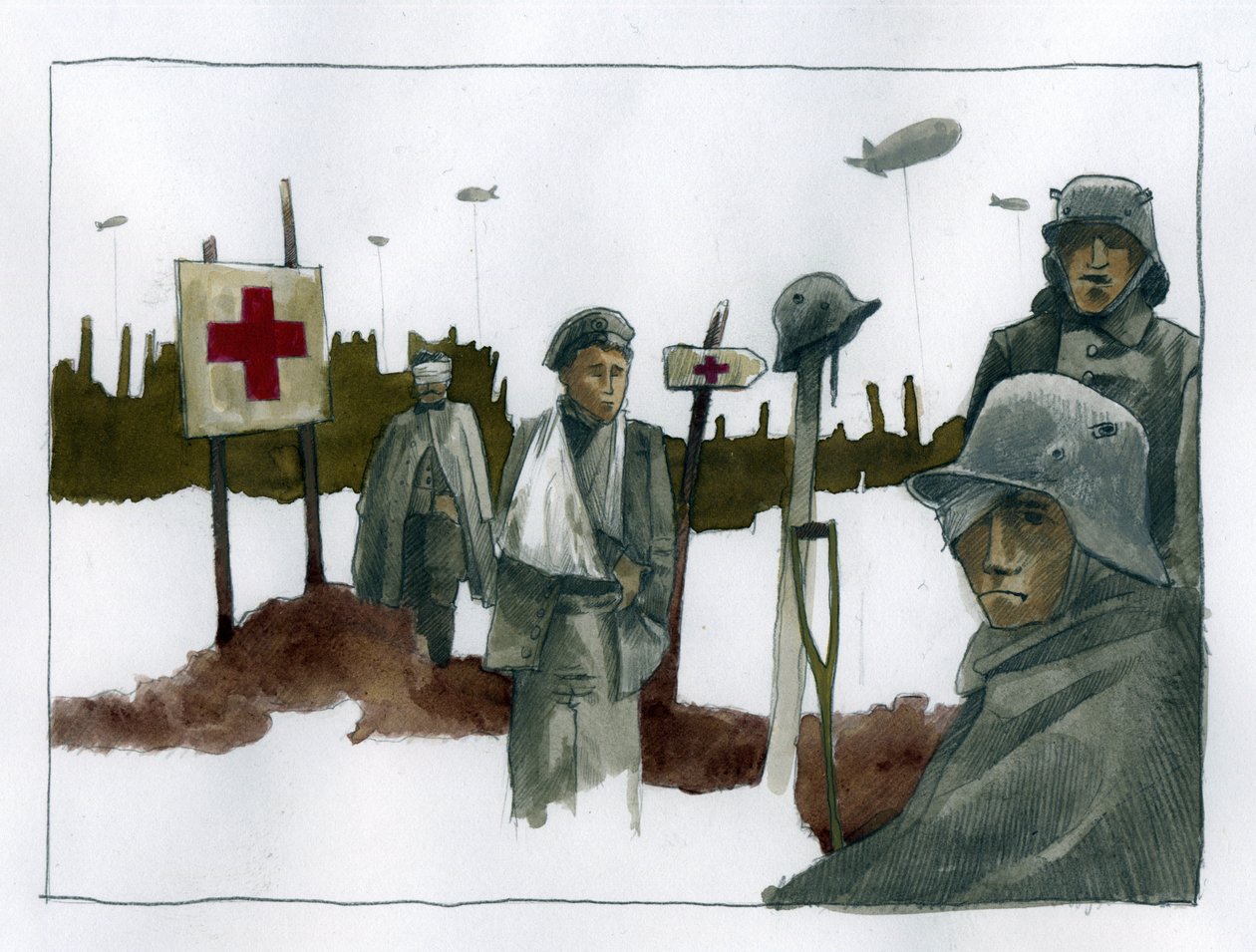 Pierwsza wojna światowa: Gules cassees i ranni w czasie wojny na posterunku ratunkowym Czerwonego Krzyża - 1914-1918 Ilustracja: Alessandro Lonati autorstwa Alessandro Lonati