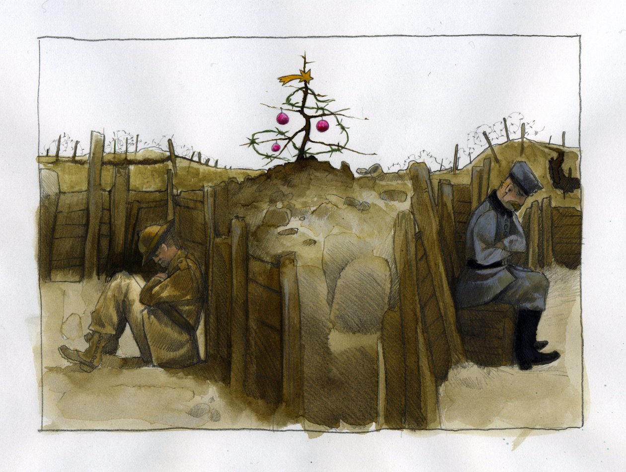 Pierwsza wojna światowa: samotność dwóch wrogich żołnierzy, Brytyjczyków (po lewej) i Niemców w okopach, w okresie Bożego Narodzenia 1914-1918 Ilustracja: Alessandro Lonati autorstwa Alessandro Lonati