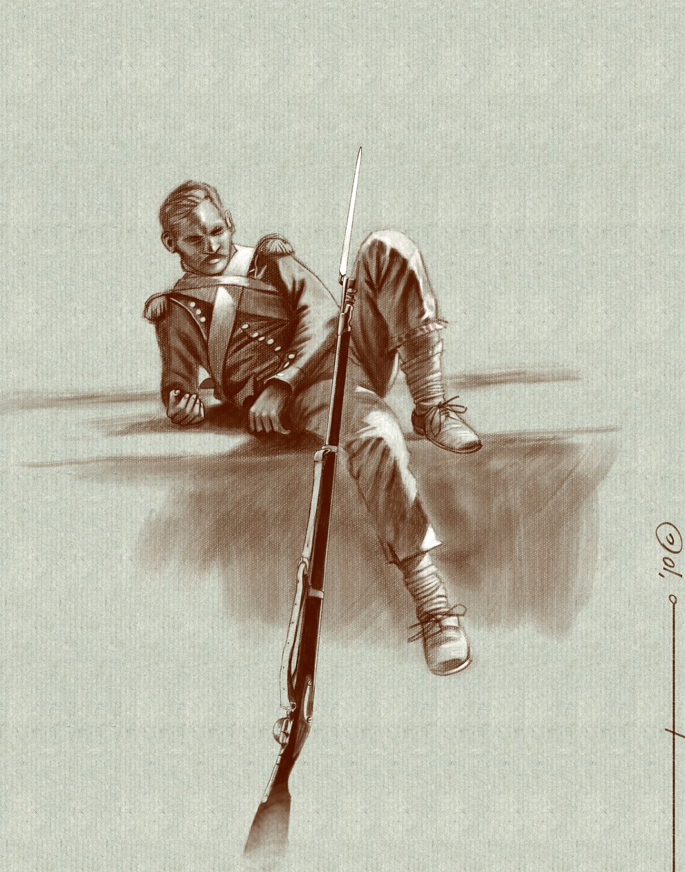 Pierwsze imperium: żołnierz lekkiej piechoty odpoczywa podczas kampanii Napoleona I (prawdopodobnie w Rosji) Początek XIX wieku. Ilustracja autorstwa Alesandra Lonatiego. 2010 autorstwa Alessandro Lonati