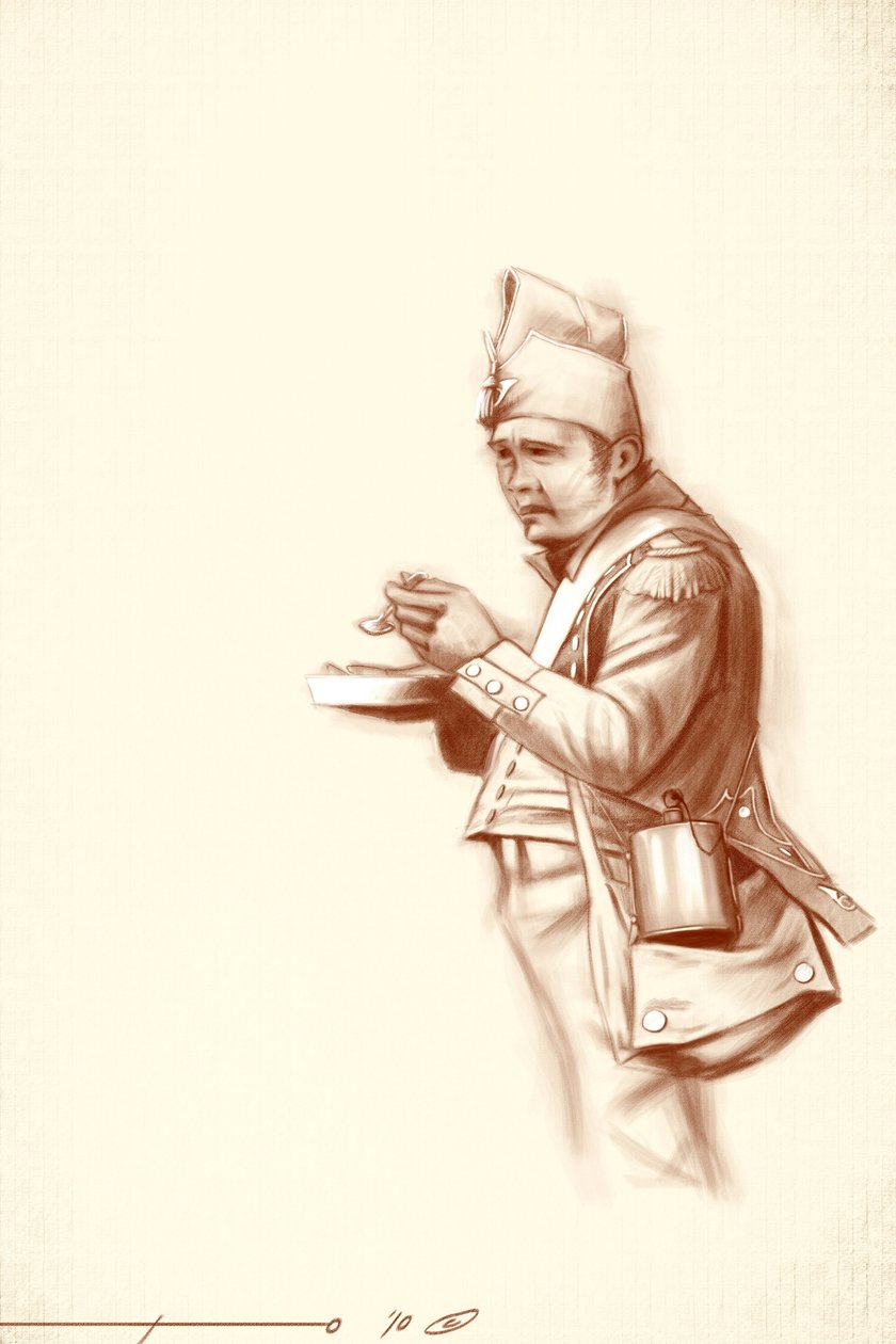 Pierwsze imperium: żołnierz lekkiej piechoty podczas posiłku podczas kampanii Napoleona I (prawdopodobnie w Rosji) Początek XIX wieku. Ilustracja autorstwa Alesandra Lonatiego. 2010 autorstwa Alessandro Lonati