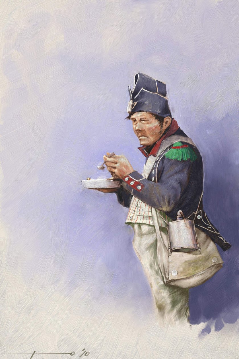 Pierwsze imperium: żołnierz lekkiej piechoty podczas posiłku podczas kampanii Napoleona I (prawdopodobnie w Rosji) Początek XIX wieku. Ilustracja autorstwa Alessandro Lonatiego. 2010 autorstwa Alessandro Lonati