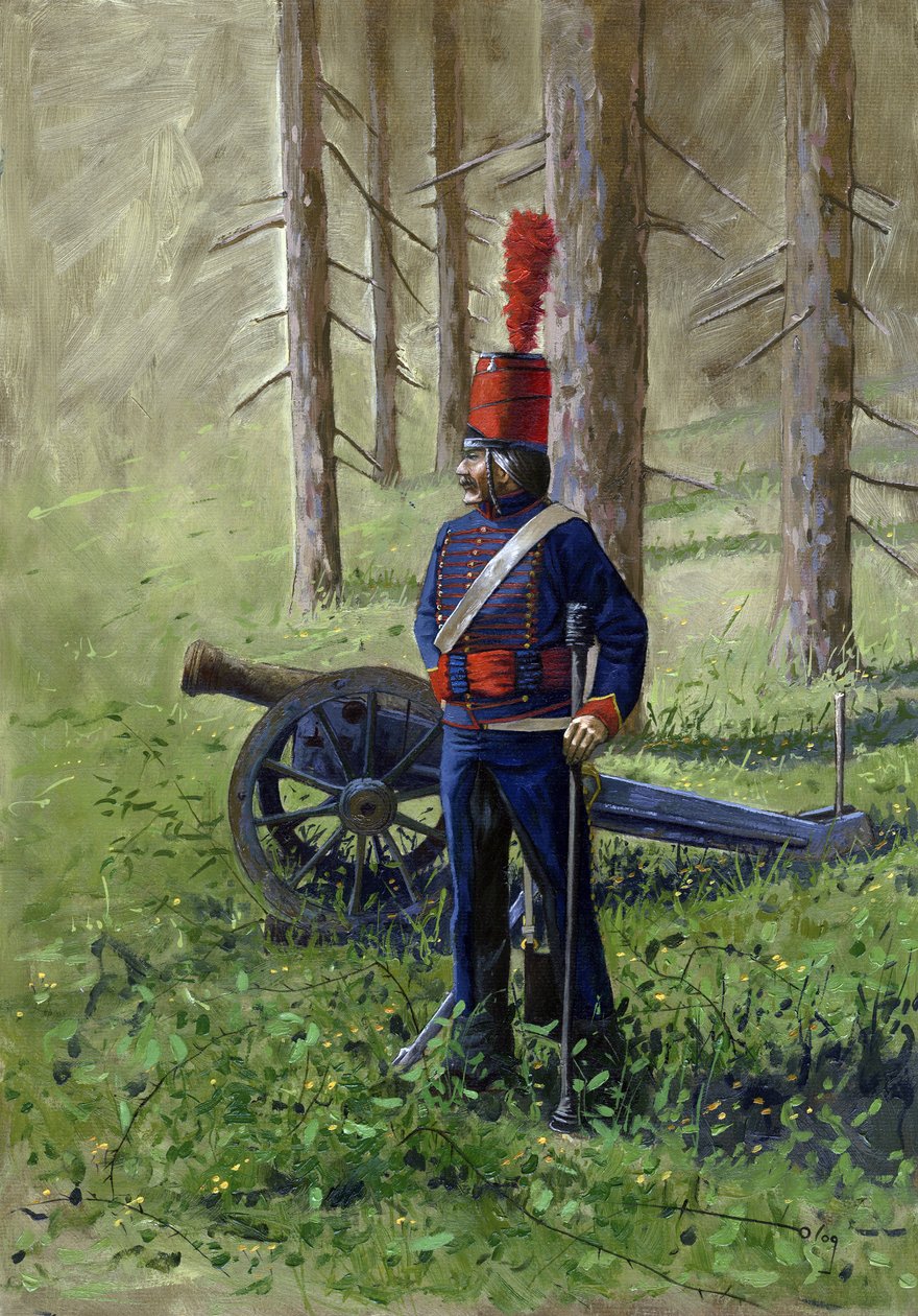 Pierwsze imperium: członek rewolucyjnej artylerii w pobliżu działa. Rysunek autorstwa Alessandro Lonatiego autorstwa Alessandro Lonati