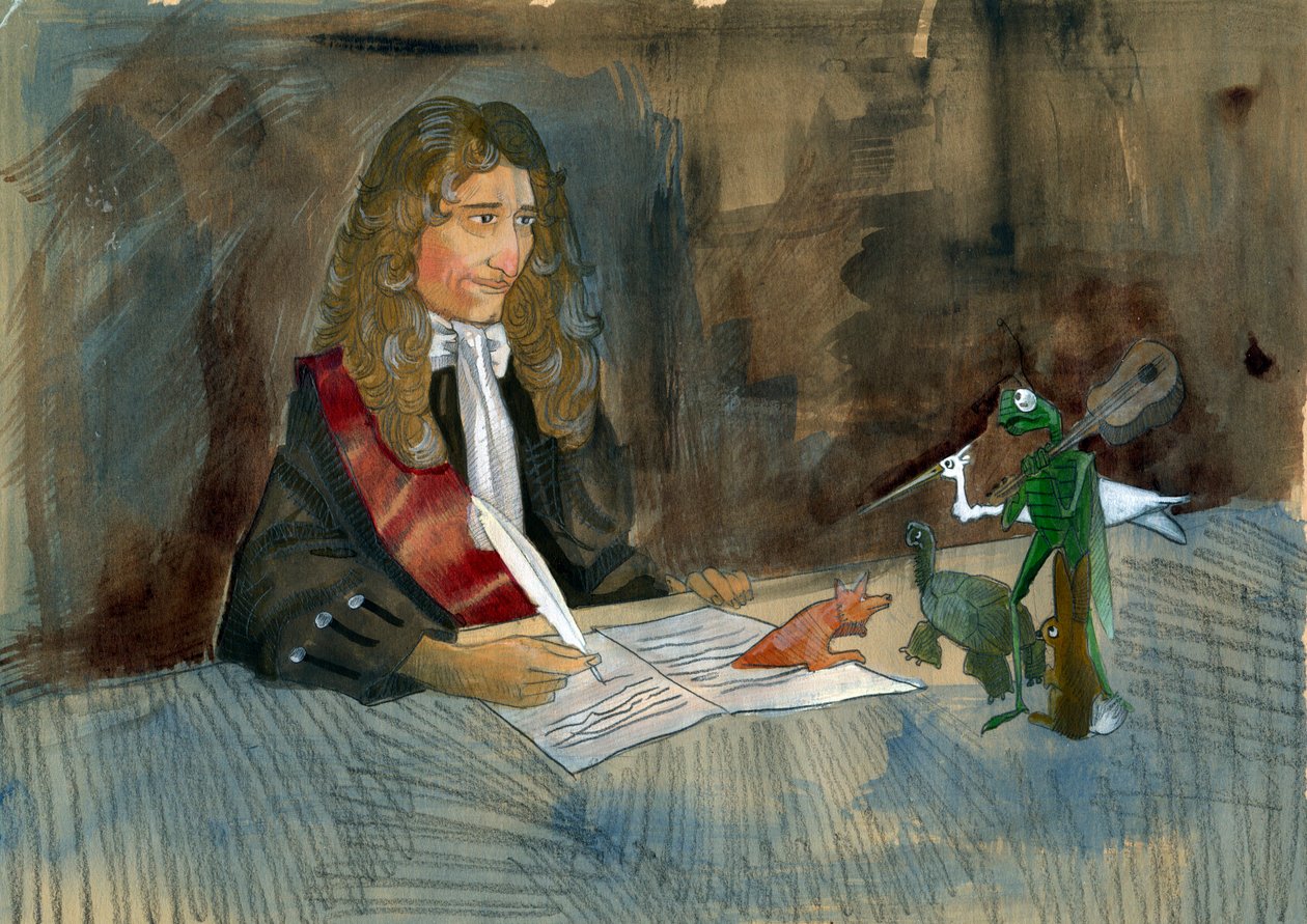 Francuski pisarz Jean de la Fontaine patrzący na bohaterów swoich bajek Ilustracja Alessandro Lonati autorstwa Alessandro Lonati