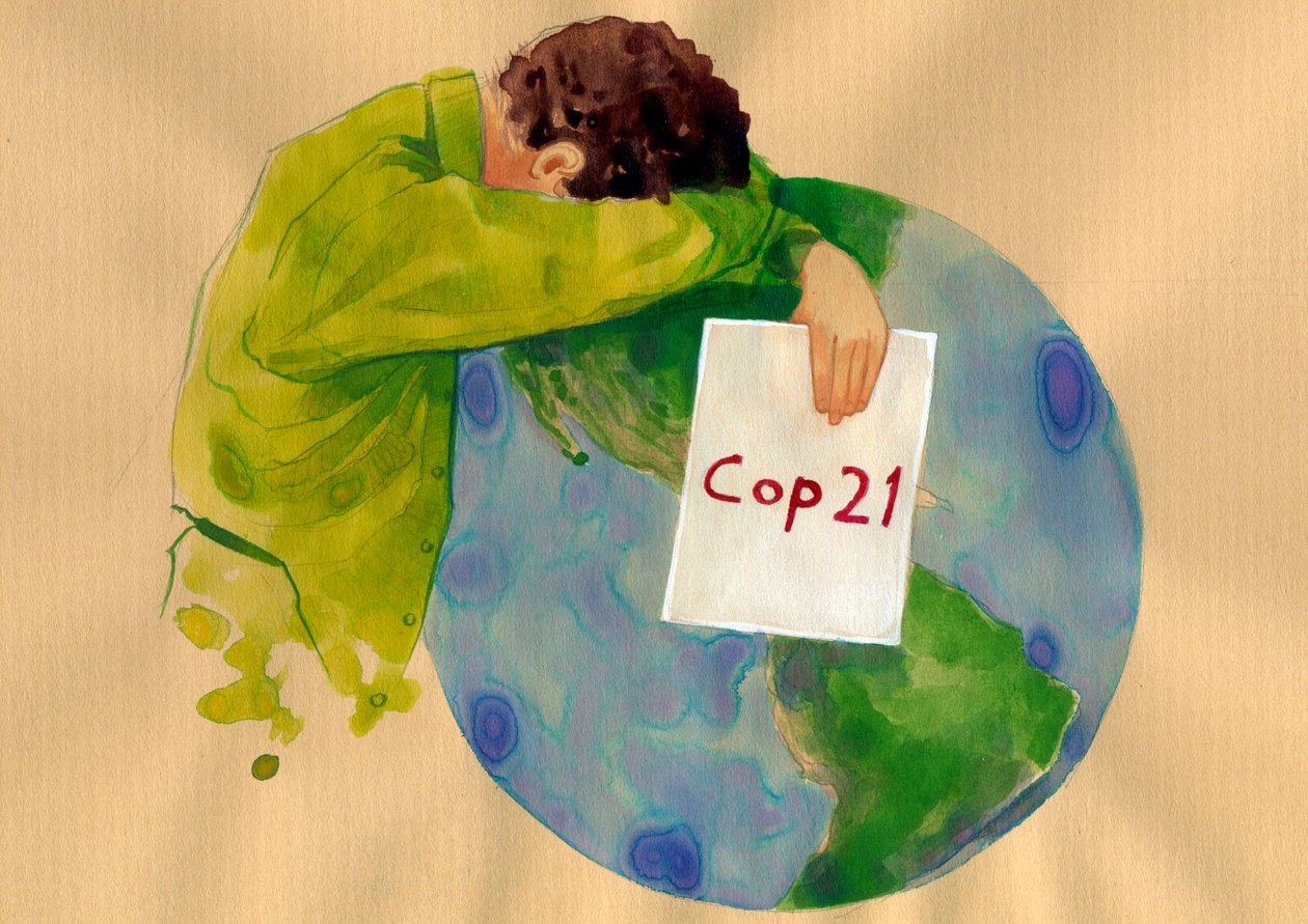 Futuro da Terra, um homem chorando segurando em suas mãos a placa cop 21 (Conferência das Nações Unidas sobre Mudança Climática de 2015) realizada em Paris que deveria encontrar soluções para o aquecimento global e a poluição) Ilustração de Alessandro Lona autorstwa Alessandro Lonati