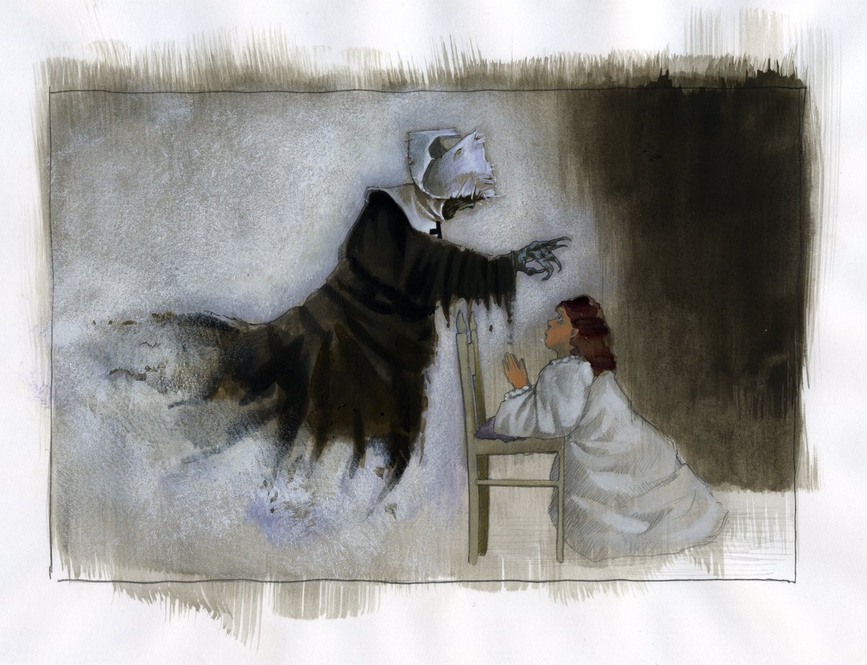 Duch starszej zakonnicy z krzywymi rękoma ukazuje się modlącej się dziewczynce Ilustracja autorstwa Alessandro Lonati autorstwa Alessandro Lonati