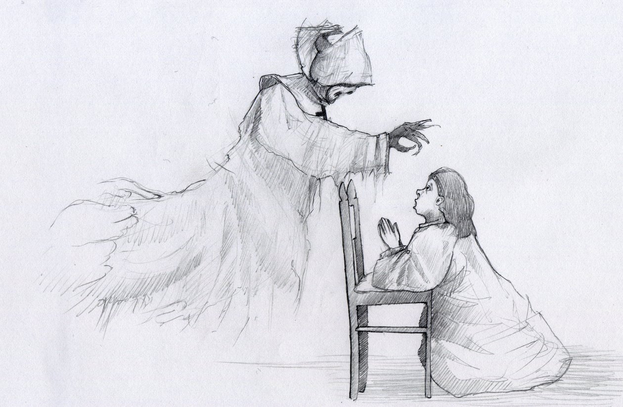 Duch starszej zakonnicy z krzywymi rękoma ukazuje się modlącej się dziewczynce Ilustracja autorstwa Alessandro Lonati autorstwa Alessandro Lonati