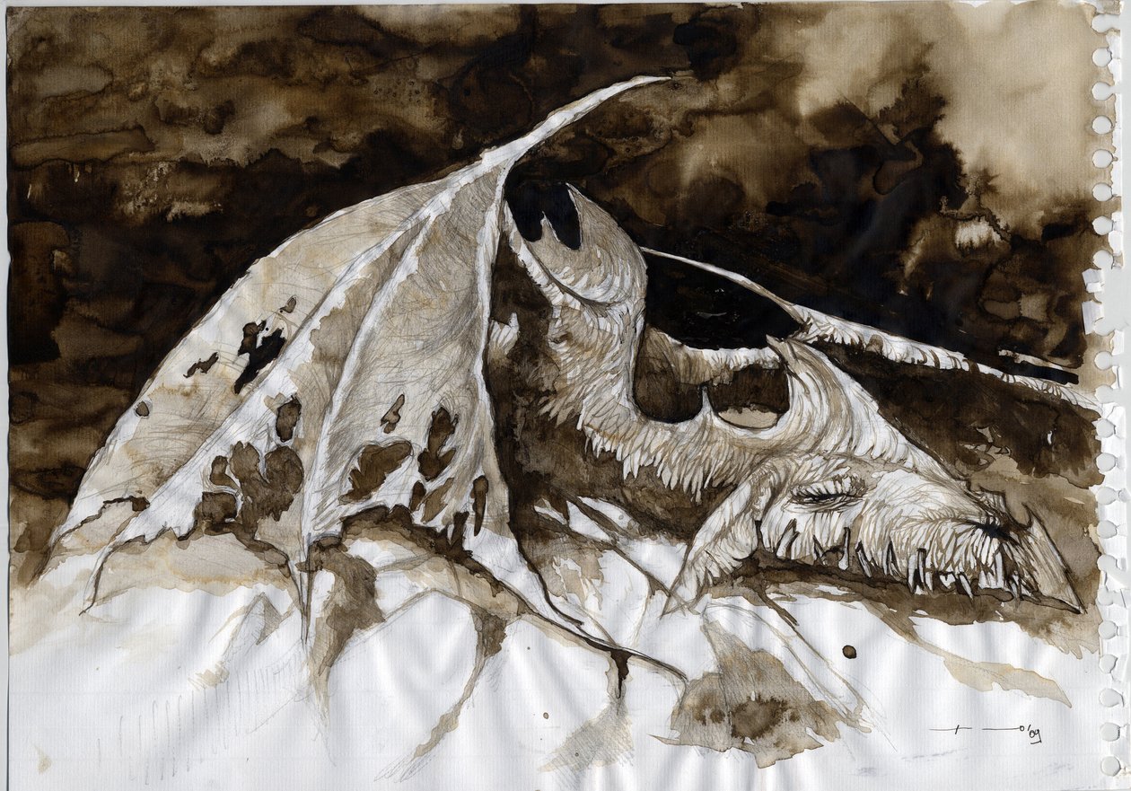 Ilustracja fantastycznego i legendarnego zwierzęcia: padlina martwego smoka. Kolorystyka autorstwa Alessandro Lonatiego. autorstwa Alessandro Lonati