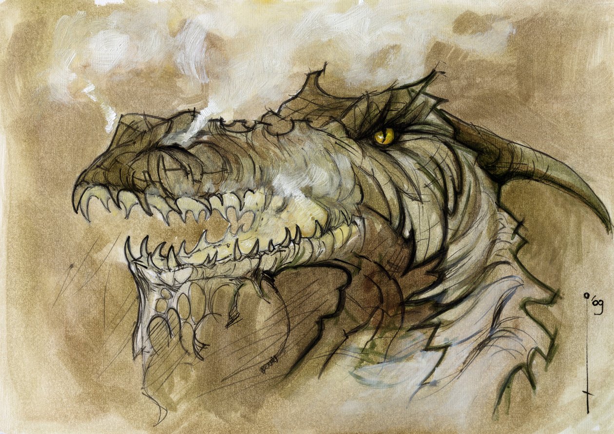 Ilustracja fantastycznego i legendarnego zwierzęcia: głowa smoka odrzucająca dym przez pysk. Kolorystyka autorstwa Alessandro Lonatiego. autorstwa Alessandro Lonati