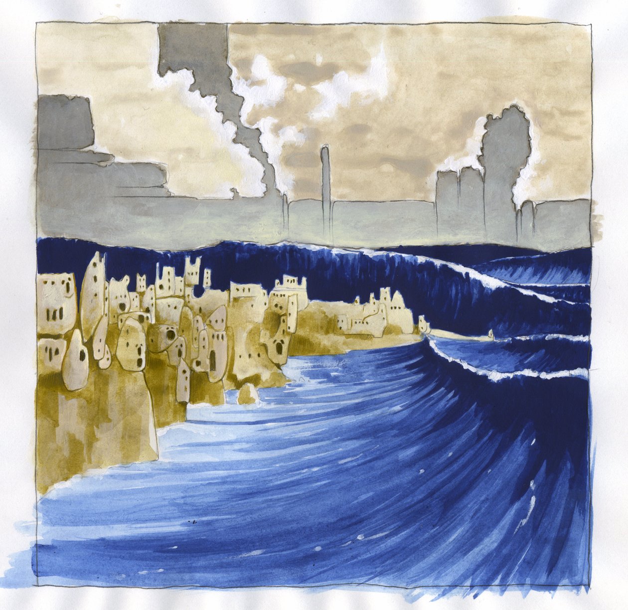Ilustração do mito da ilha desaparecida sob o mar da Atlântida (Atlântida): vista do mar agitado após a erupção do vulcão que inundou a lendária ilha. Desenho colorido de Alessandro Lonati.polish autorstwa Alessandro Lonati