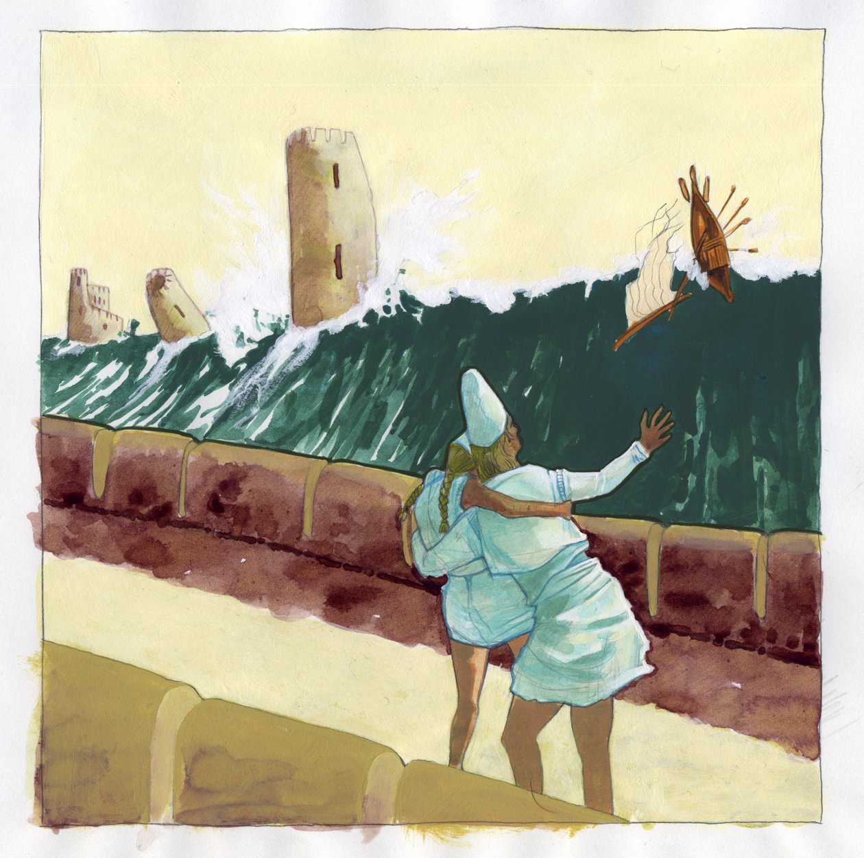 Ilustracja mitu o wyspie zaginionej pod Morzem Atlantydzkim (Atlantis): widok tsunami zalewającego greckie miasto legendarnej wyspy. Kolorystyka autorstwa Alessandro Lonatiego. autorstwa Alessandro Lonati