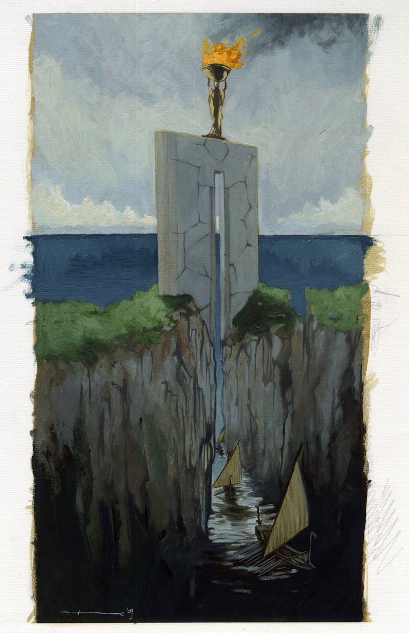 Ilustracja mitu o wyspie zaginionej pod Morzem Atlantydy (Atlantyda): brama do greckiego miasta legendarnej wyspy przed jej zniknięciem. Łodzie przepływają między dwoma klifami. Kolorystyka autorstwa Alessandro Lonatiego. autorstwa Alessandro Lonati