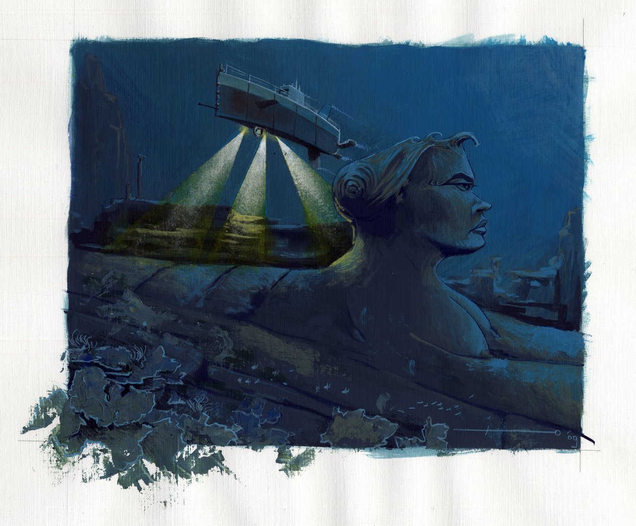 Ilustração do mito da ilha desaparecida sob o mar da Atlântida (Atlantis): um submarino (submarino) explora os fundos e descobre as ruínas da lendária ilha. Desenho colorido de Alessandro Lonati.polish autorstwa Alessandro Lonati