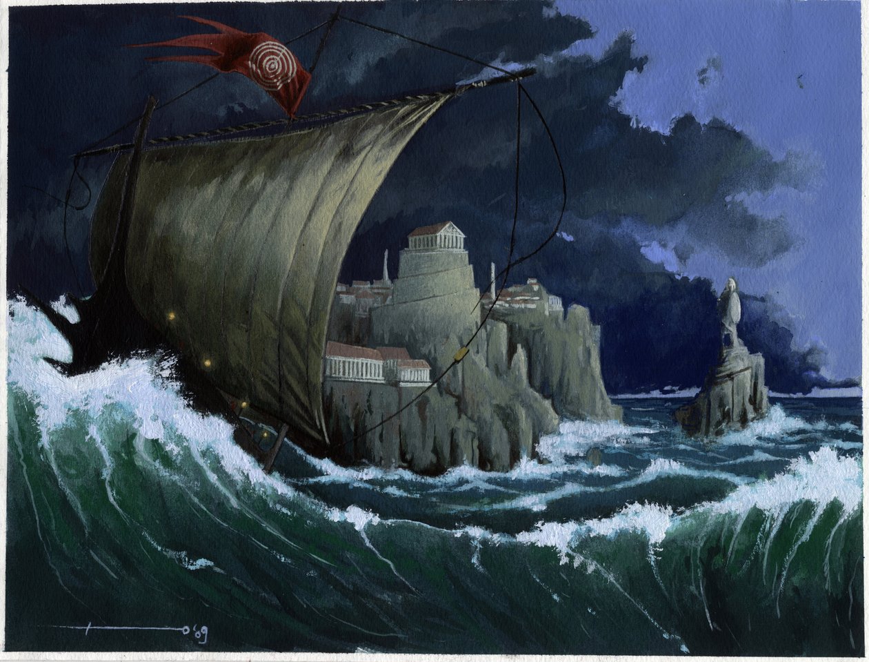 Ilustracja mitu o wyspie zaginionej pod Morzem Atlantydzkim: widok greckiego miasta legendarnej wyspy przed jej zniknięciem. Kolorystyka autorstwa Alessandro Lonatiego. autorstwa Alessandro Lonati