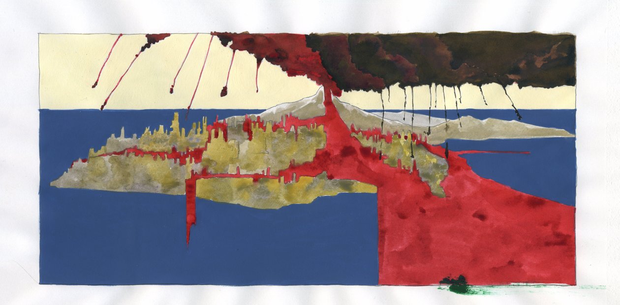 Ilustracja mitu o wyspie zaginionej pod Morzem Atlantydzkim: widok erupcji wulkanu, która spowoduje zniknięcie legendarnej wyspy. Kolorystyka autorstwa Alessandro Lonatiego. autorstwa Alessandro Lonati