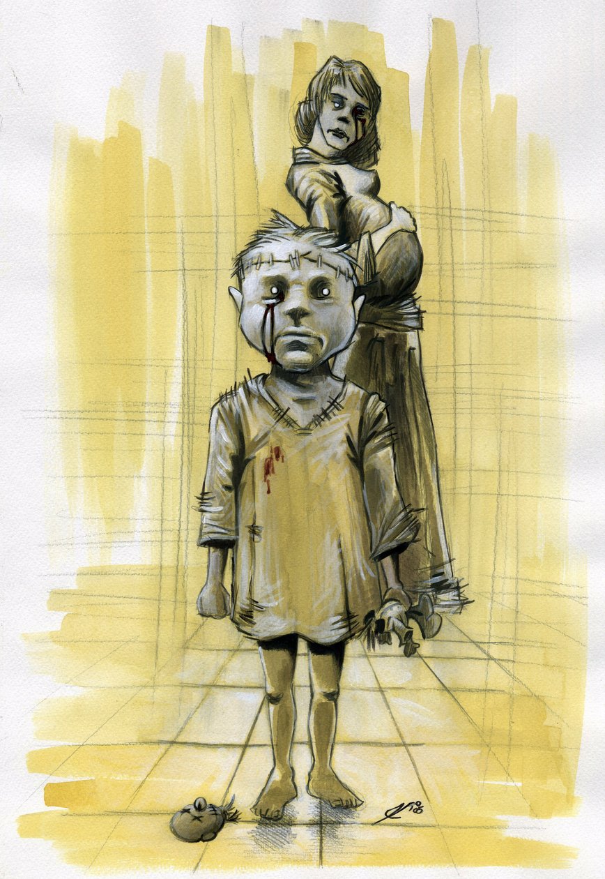 Ilustracja science fiction: zombie (widmo) lub duchy-duchy, przywołujące koszmar, przedstawia dziecko z czaszką uszytą z lalki pozbawionej głowy, aw tle ciężarną matkę. Wygląda na to, że ona też miała wypadek. Rysunek autorstwa Alessandro Lonatiego autorstwa Alessandro Lonati