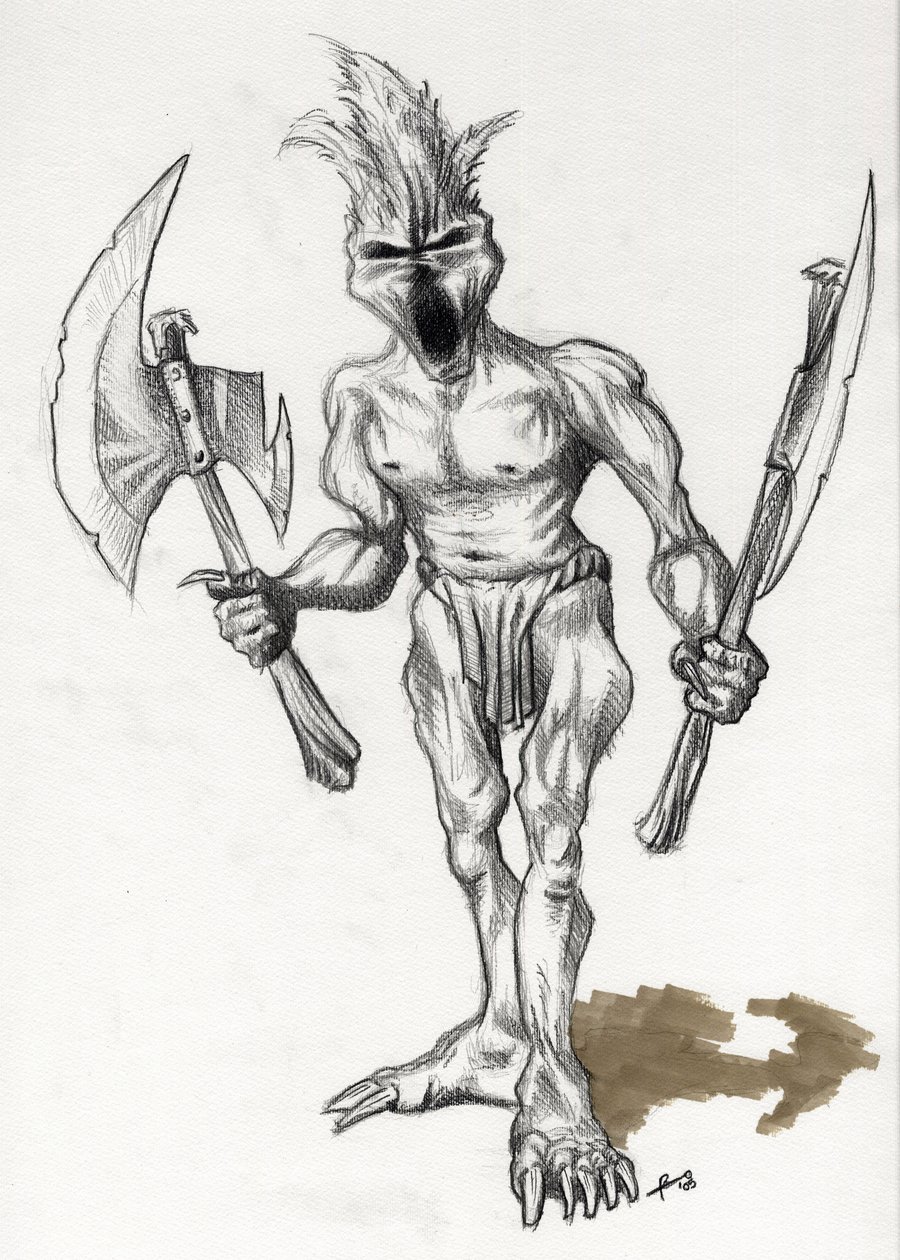 Monstro lendário para ilustração de fantasia: troll guerreiro com machados. Desenho de Alessandro Lonatipolish autorstwa Alessandro Lonati