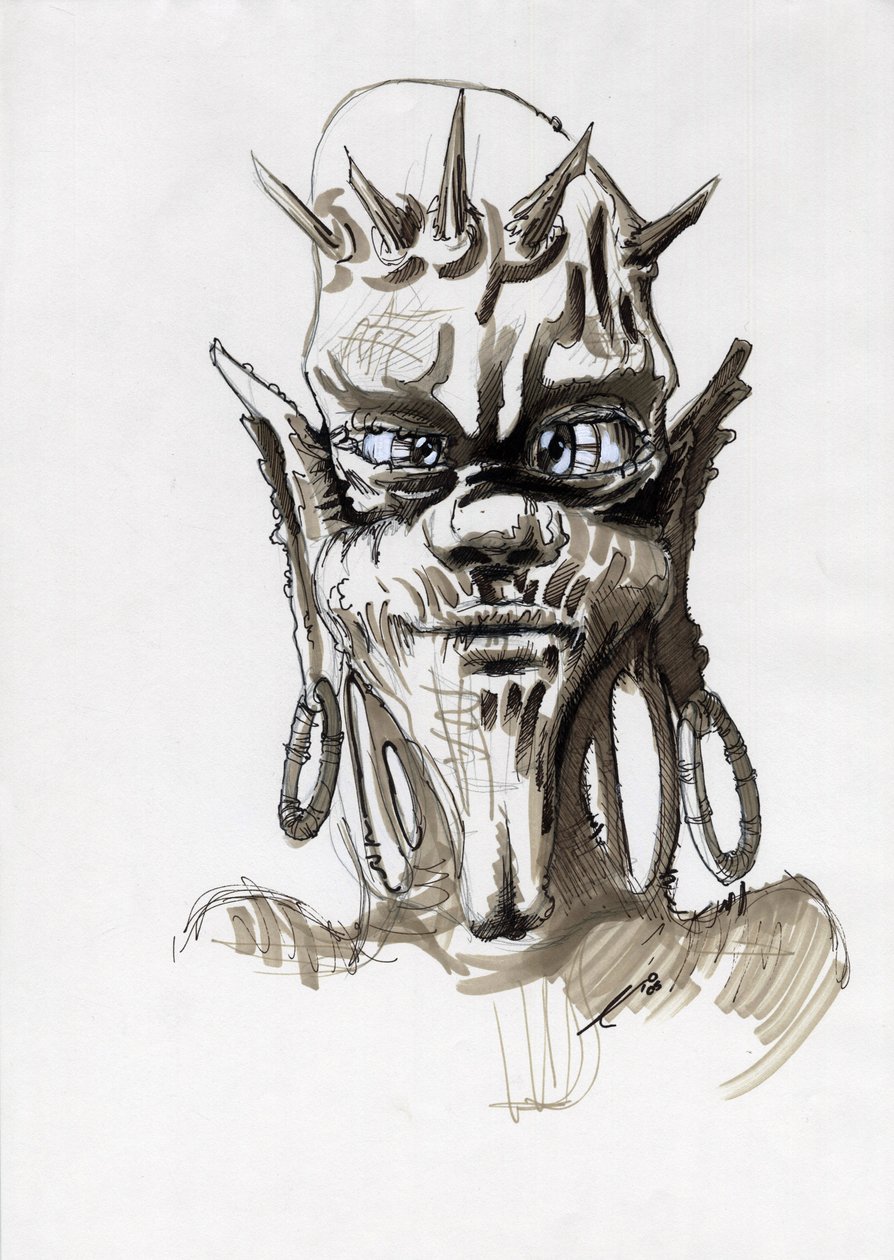 Legendarny potwór do ilustracji fantasy: twarz plemiennego stworzenia lub trolla. Rysunek autorstwa Alessandro Lonatiego autorstwa Alessandro Lonati