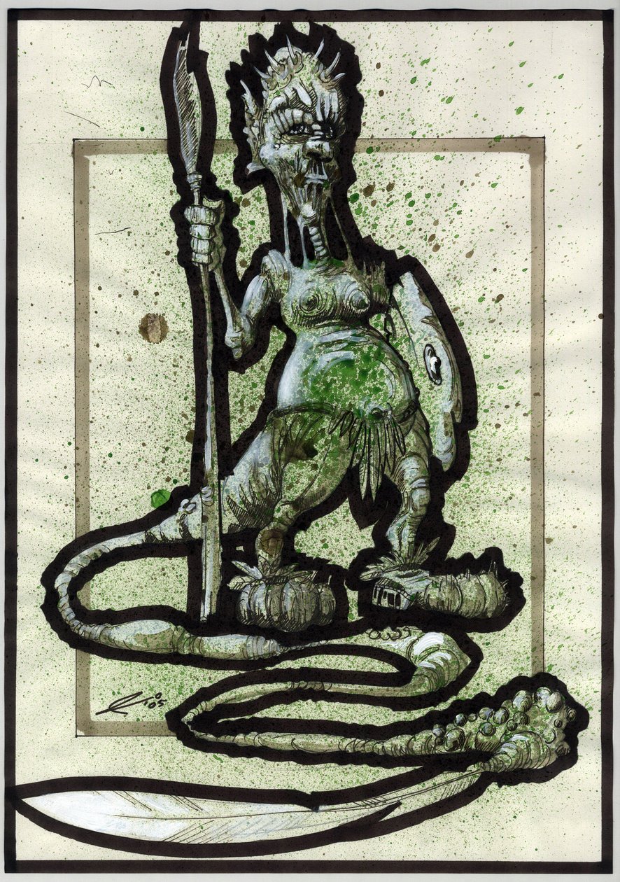 Legendarny potwór do ilustracji Fantasy: twarz plemiennego stworzenia lub wojownika z włócznią, tarczą i ogonem z piór. Rysunek autorstwa Alessandro Lonatiego autorstwa Alessandro Lonati