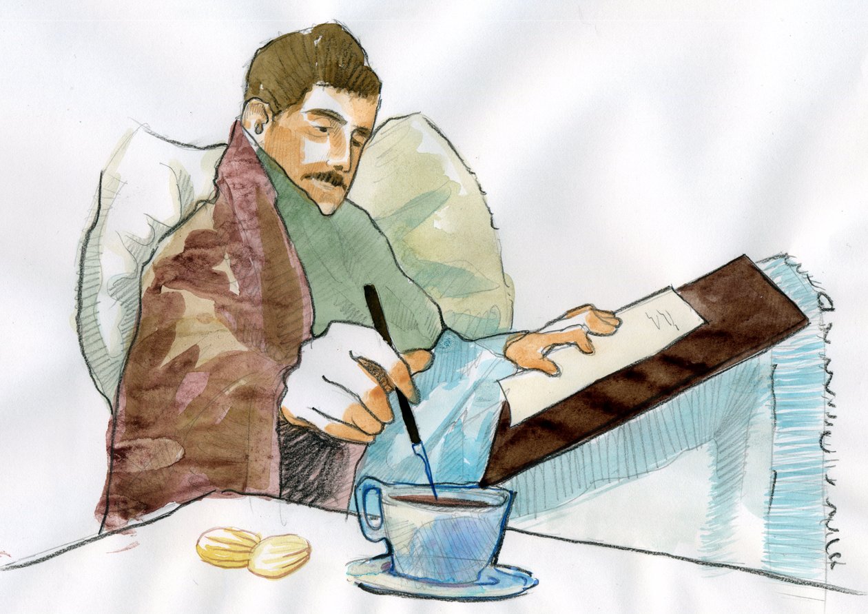 Marcel Proust jako chory piszący herbatą swojej ciotki Elżbiety (atrament na papierze) autorstwa Alessandro Lonati