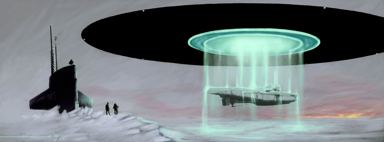 Spotkanie na biegunie północnym między okrętem podwodnym typu U-boot a latającym spodkiem (UFO, UFO lub obcy) w celu odzyskania okrętu podwodnego zabranego przez kosmitów podczas wojny. Rysunek autorstwa Alessandro Lonatiego autorstwa Alessandro Lonati
