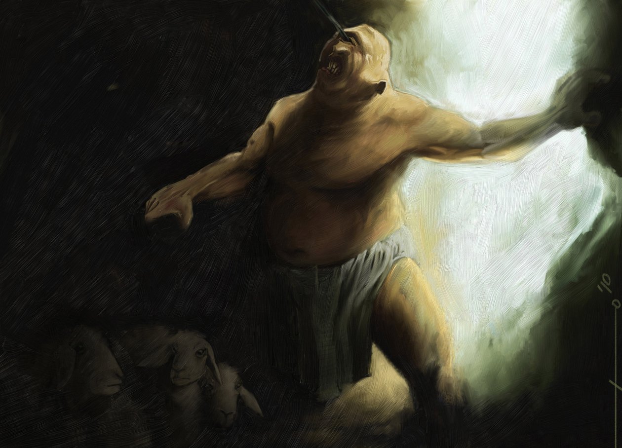 Odisséia de Homere: o Ciclope Polifema é cego por Ulisses em sua caverna. Ilustração de Alessandro Lonati. 2010polonês autorstwa Alessandro Lonati