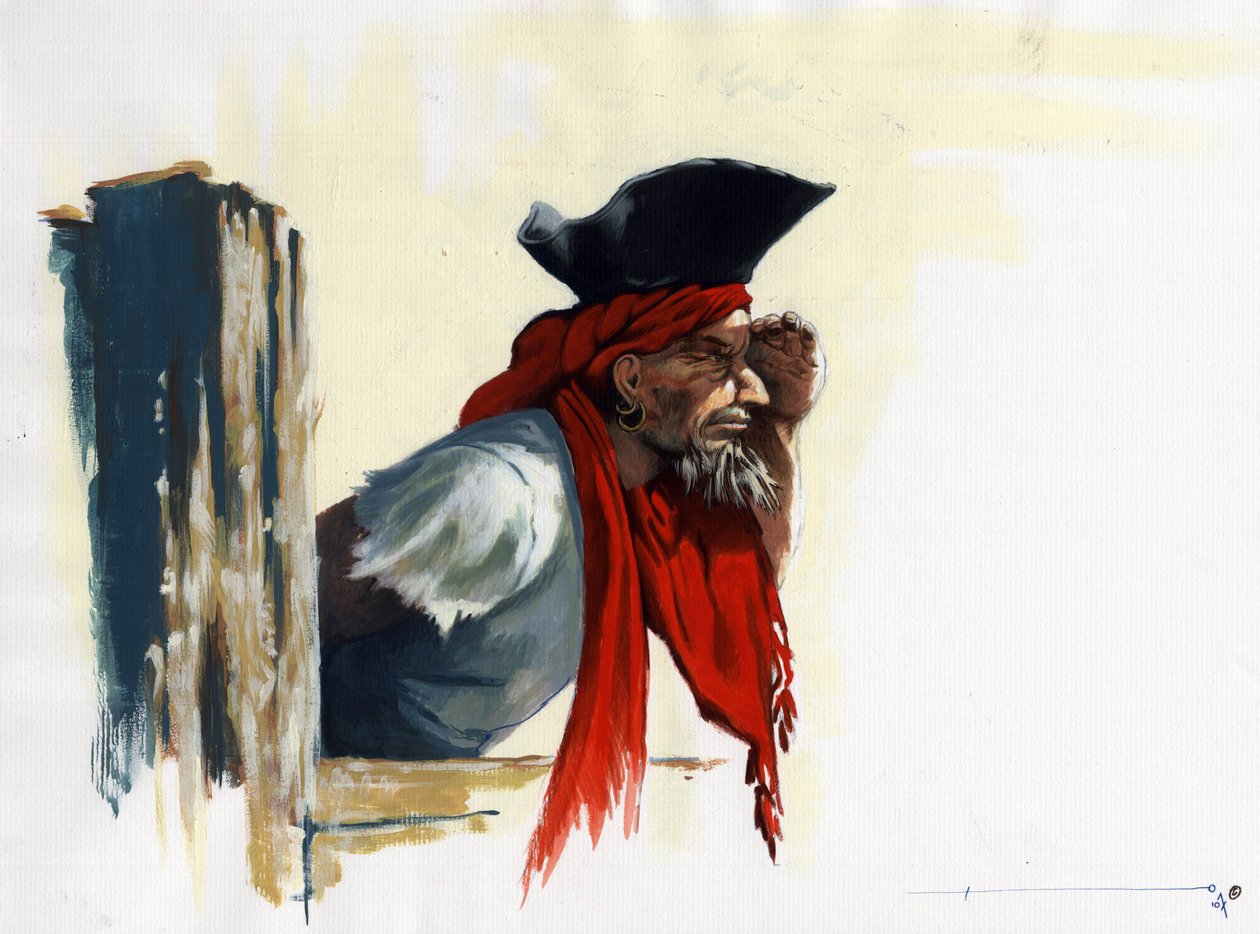Pirat z Karaibów patrzący na horyzont. Rysunek autorstwa Alessandro Lonatiego. autorstwa Alessandro Lonati