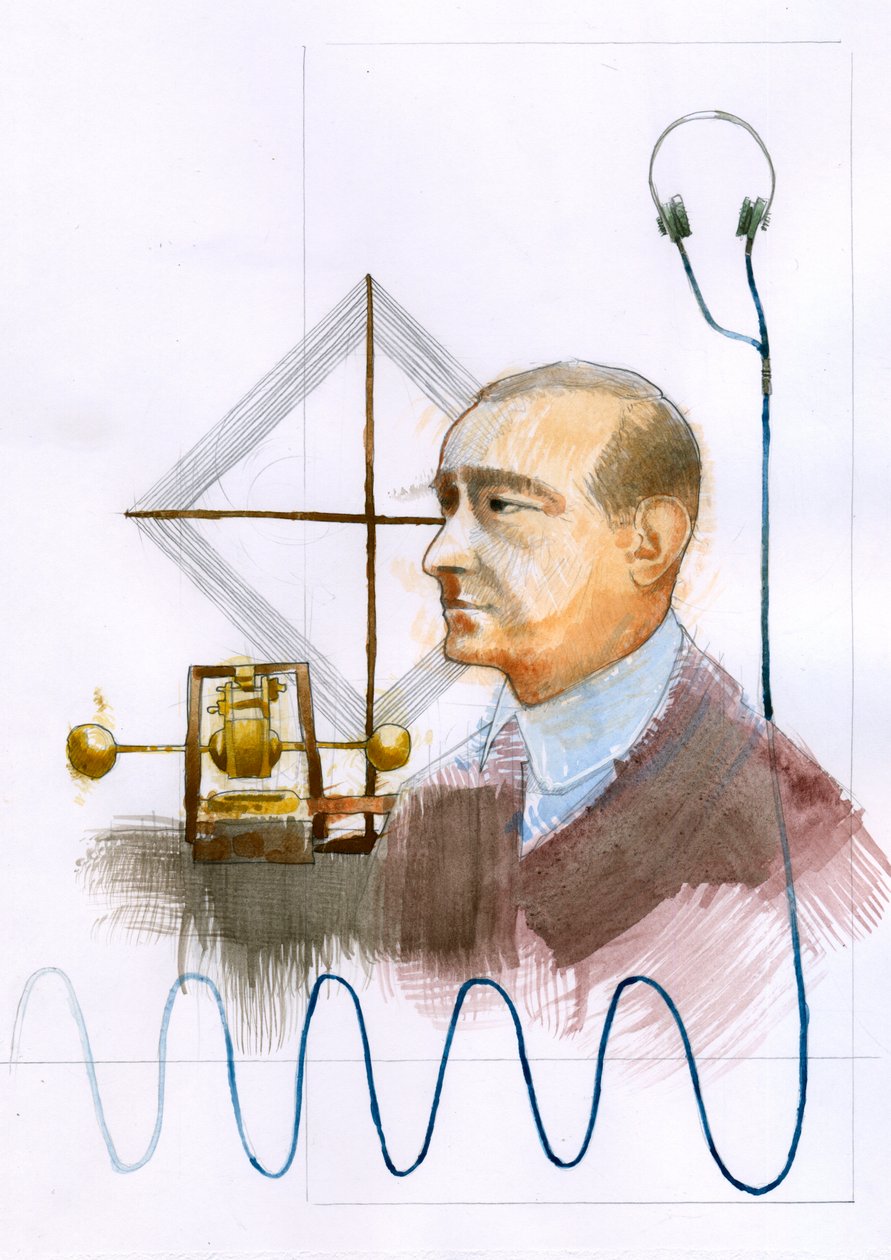 Portret Guglielmo Marconiego (1874-1937), włoskiego fizyka, wynalazcy telegrafu” (Portret Guglielmo Marconiego, włoskiego wynalazcy i inżyniera elektryka, znanego z pionierskich prac nad transmisją radiową na duże odległości oraz z opracowania autorstwa Alessandro Lonati