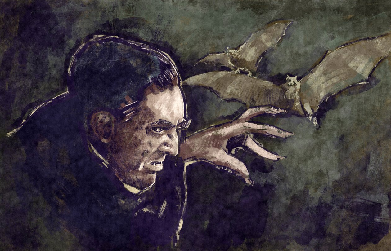 Portret węgierskiego aktora Bela Lugosiego jako hrabiego Draculi (ilustracja) autorstwa Alessandro Lonati